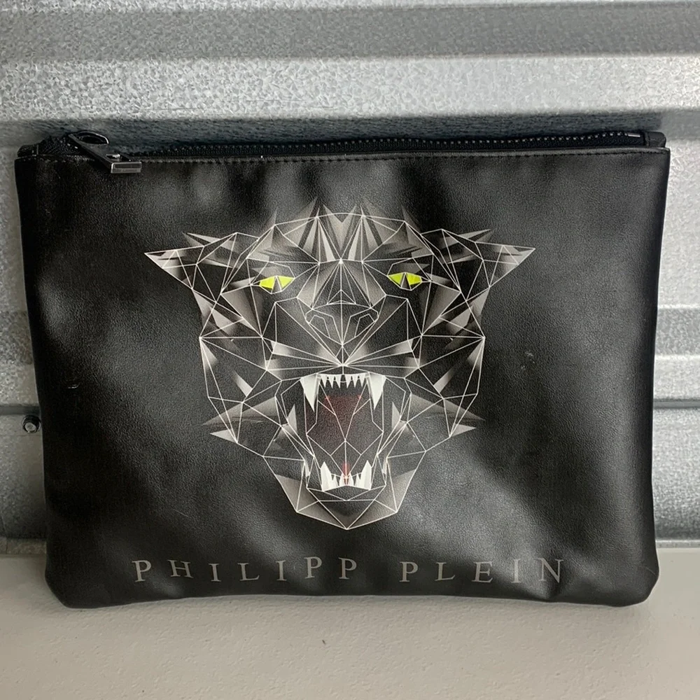 Philipp Plein Clutch Bag Men’s L Rare Vintage Jaguar Print Black Leather Logo